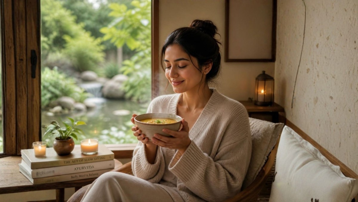 Persona disfrutando de una comida caliente en un entorno tranquilo, con las manos sosteniendo un tazón de sopa. Representa la conexión entre la calma mental y una buena digestión.