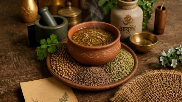 Tazón de barro con infusión caliente de semillas de cilantro, comino e hinojo, rodeada de las especias enteras. Representa la tradición ayurvédica.
